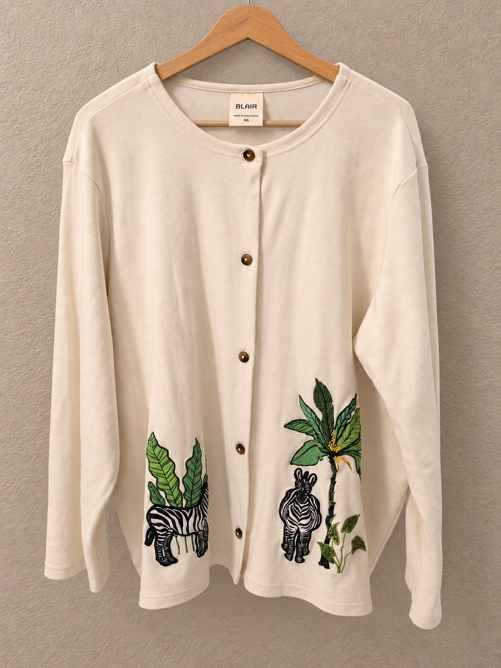 VINTAGE Blair Cream Button-Front Cardigan with Zebra & Botanical Embroidery
